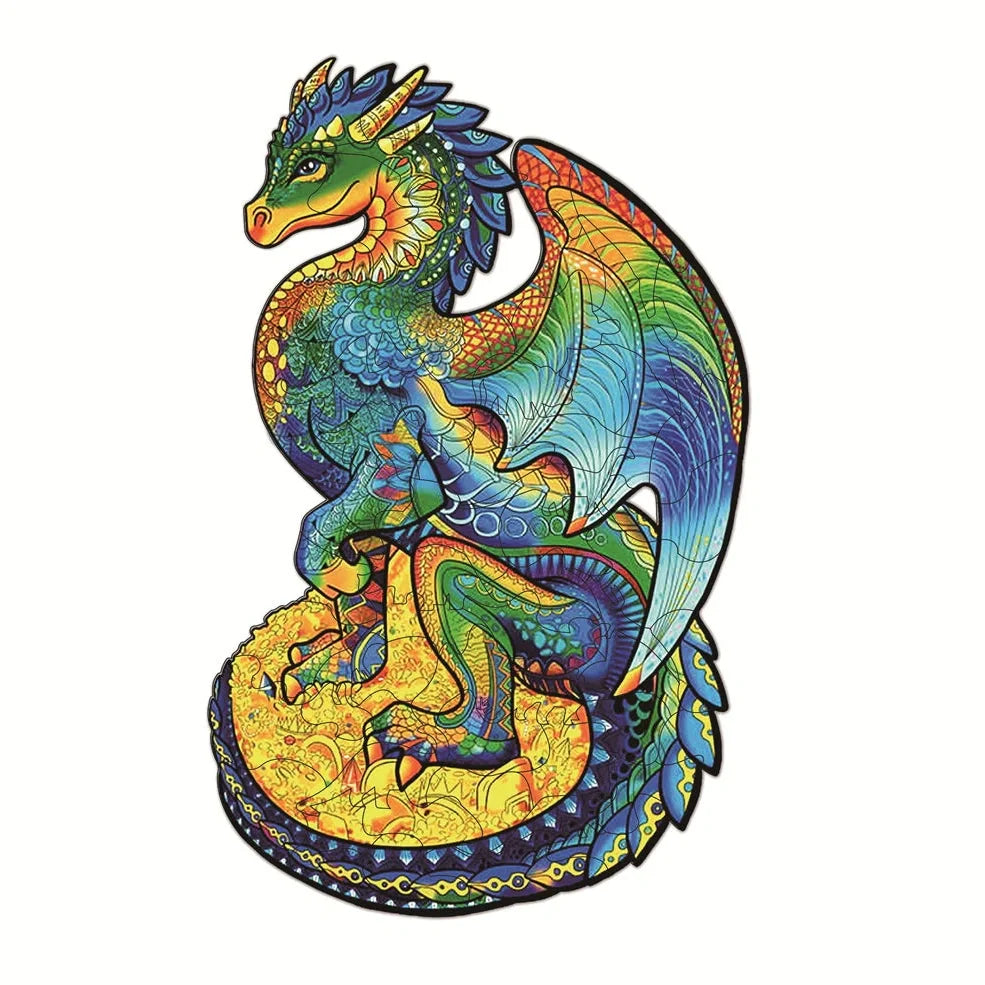 Wooden jigsaw puzzle with colourful elephant and turtle shaped pieces in A3, A4, A5 sizes