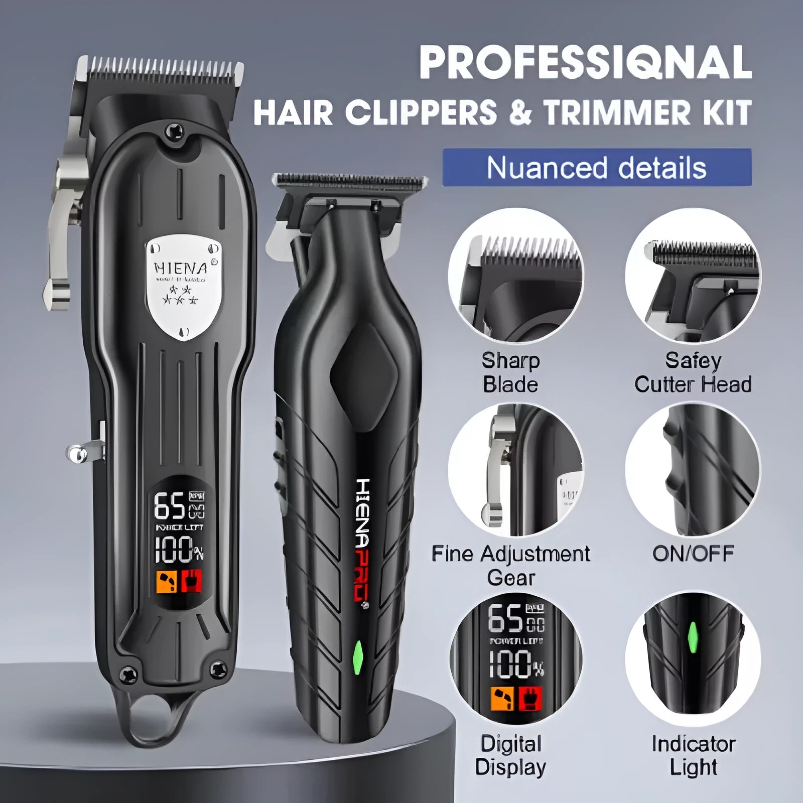Black plastic USB rechargeable hair clipper set with LED display and adjustable blades.