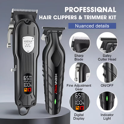 Black plastic USB rechargeable hair clipper set with LED display and adjustable blades.