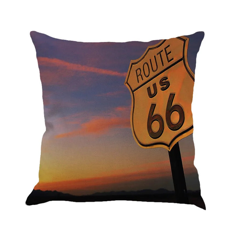 Us Route 66 Linen Hold Pillowcase Back Pillow Car Sofa Cushion: 45x45cm European-style cushion cover with landscape pattern, available in six colours, made from cotton and linen blend for breathable support