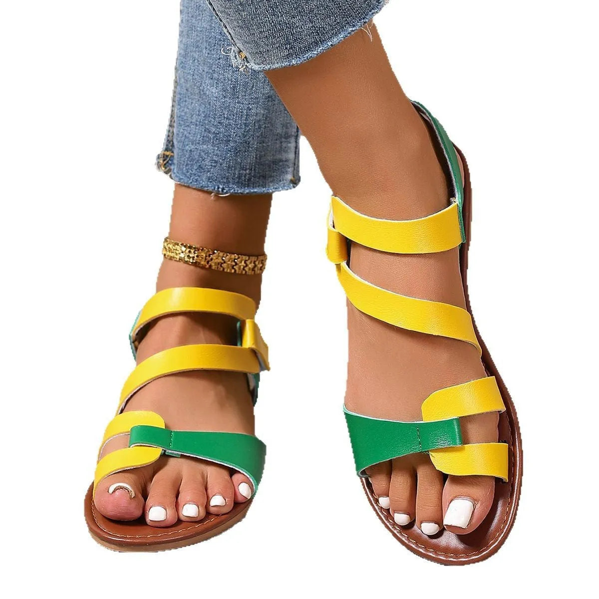 Women's black velcro flat sandals with round toe and rubber sole on a white background