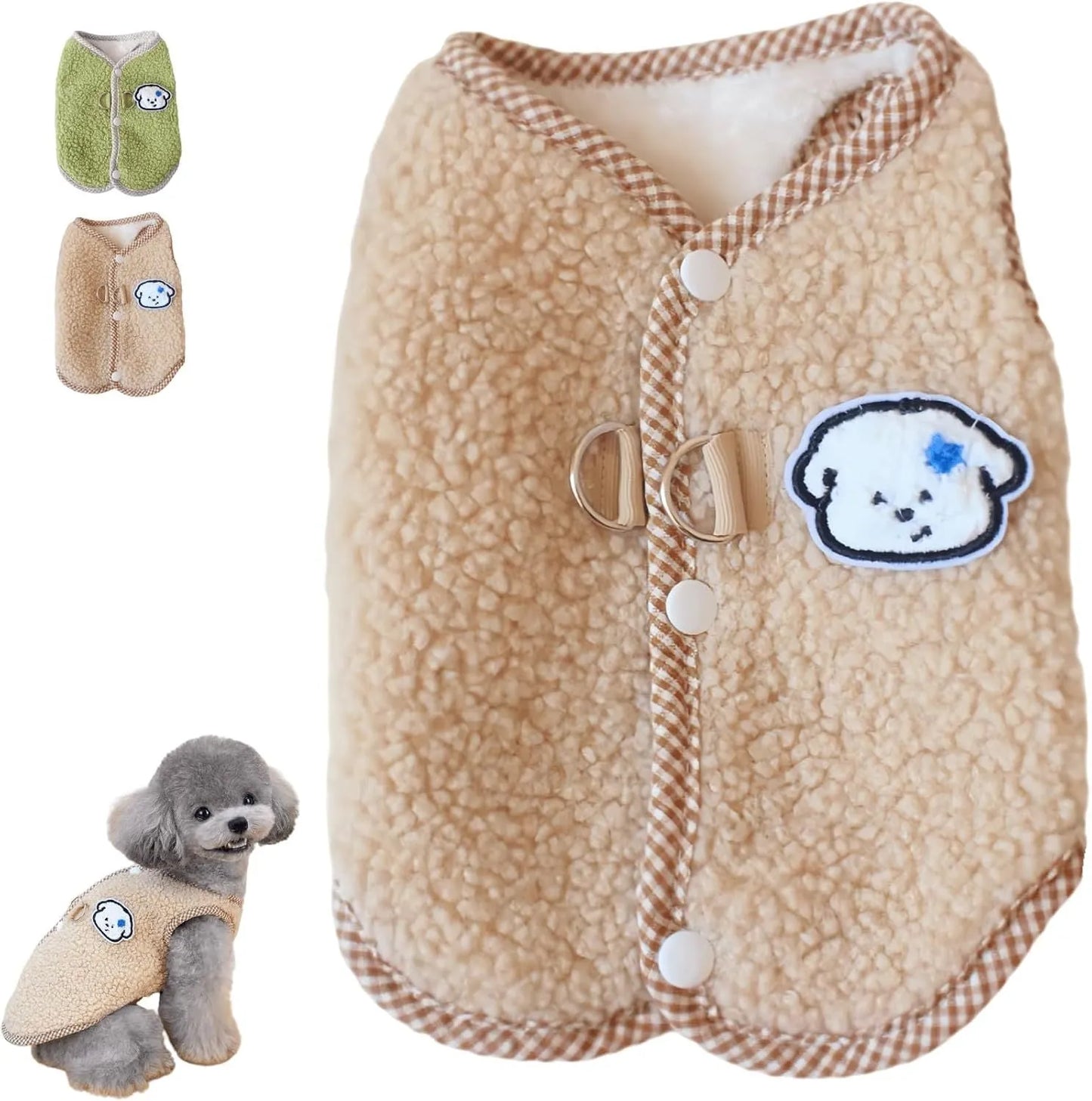 Green dog sweatshirt vest with thickened coral fleece and leash ring for small pets
