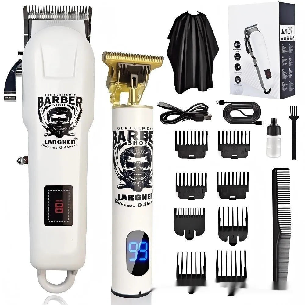 Rechargeable stainless steel hair clipper with USB cable and four attachment combs on a white background.
