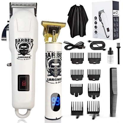 Rechargeable stainless steel hair clipper with USB cable and four attachment combs on a white background.