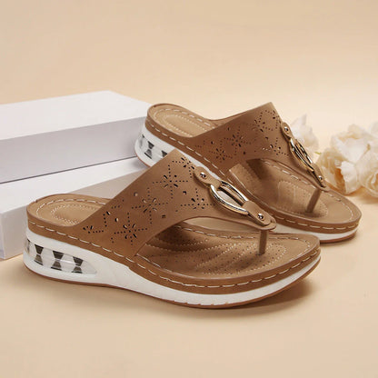 Stylish women's air cushion wedge sandals in various colors and sizes, featuring herringbone toe design and metal buckle accents