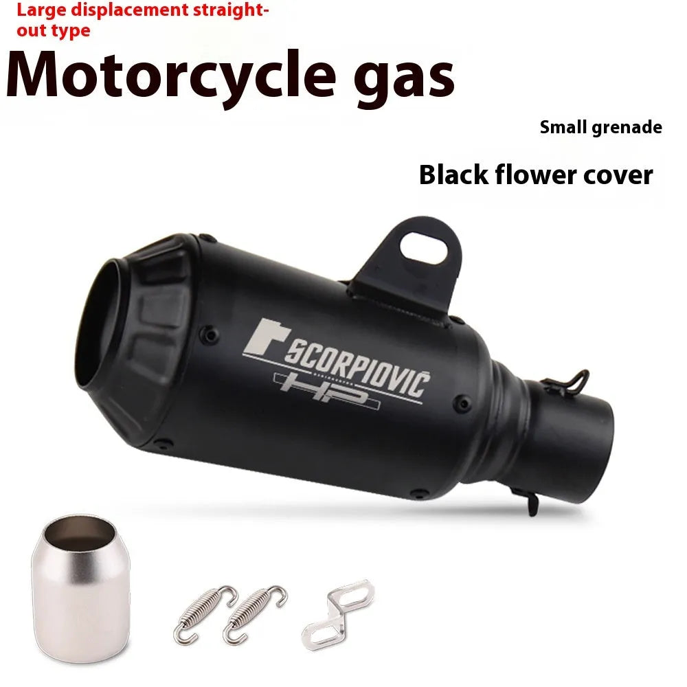 Universal stainless steel motorcycle exhaust pipe with decorative flower cover in black, titanium, half blue, or colourful finish