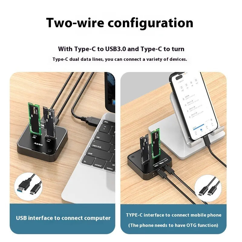 MAIWO K3016 M.2 solid-state drive docking station with power adapter and two USB cables on a desk.