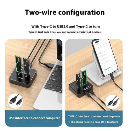 MAIWO K3016 M.2 solid-state drive docking station with power adapter and two USB cables on a desk.