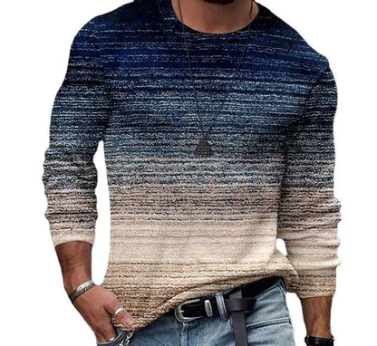 Printed collarless long sleeve slim casual top in white and blue, sizes M to 3XL, polyester fibre