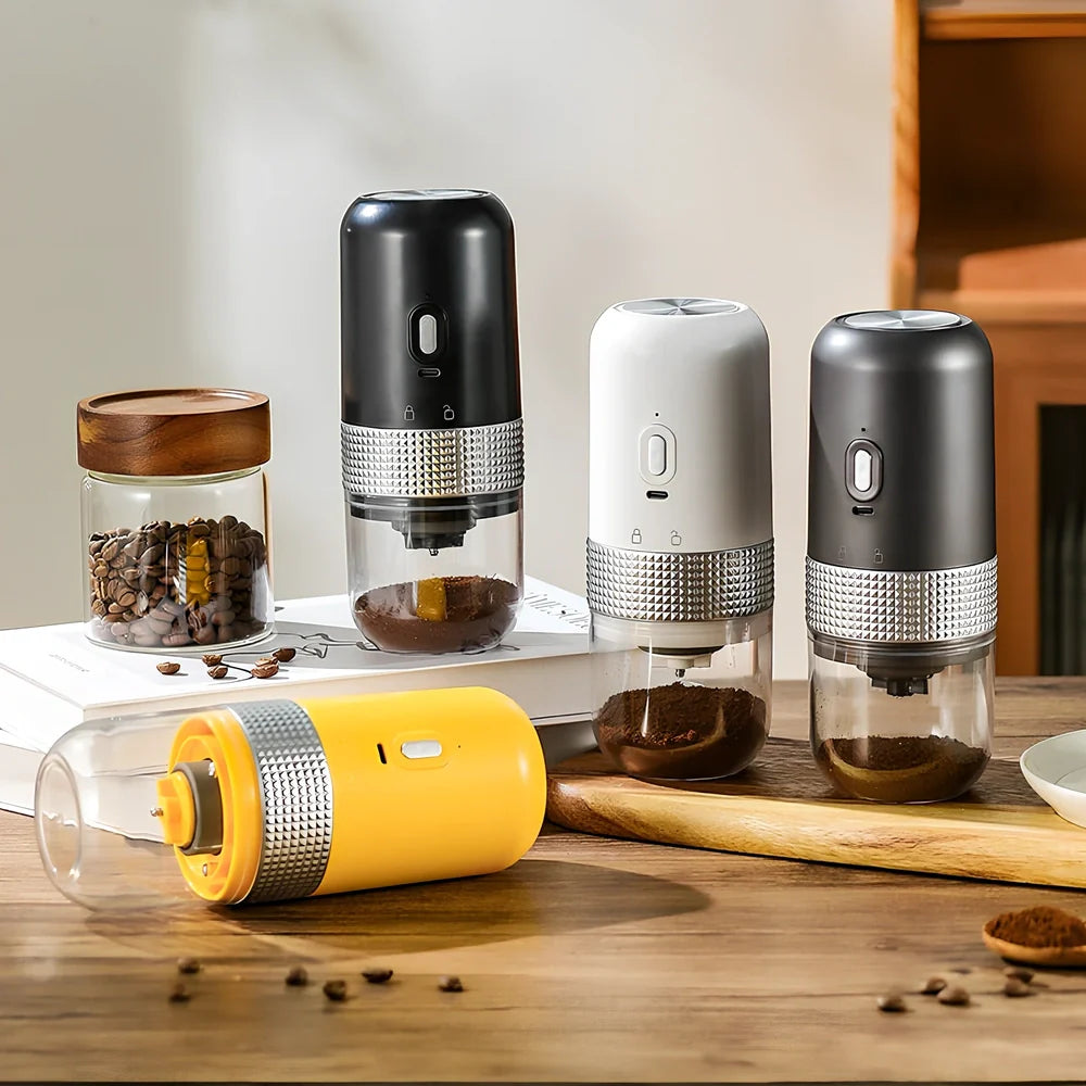 Electric coffee grinder in bright yellow, calm grey, elegant black, or elegant white with 25g bean capacity and TYPE-C charging port