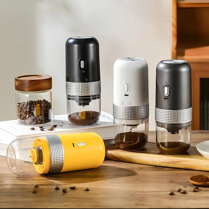 Electric coffee grinder in bright yellow, calm grey, elegant black, or elegant white with 25g bean capacity and TYPE-C charging port