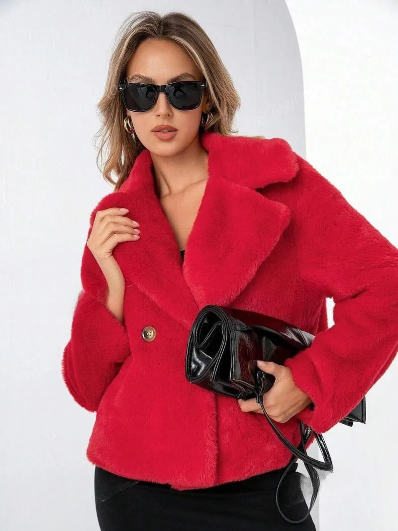 Women's loose short faux fur coat in rose red colour showing 50cm length and regular sleeves