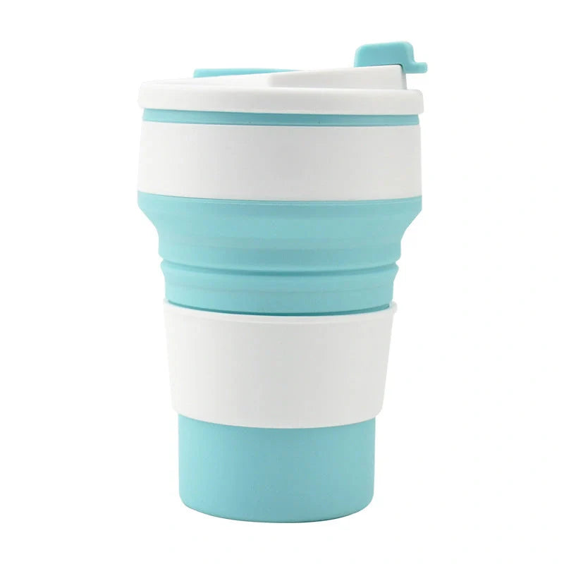 Collapsible silicone travel mug with leak-proof cover in various colors