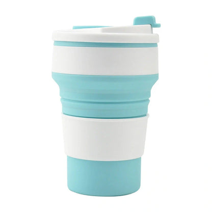 Collapsible silicone travel mug with leak-proof cover in various colors