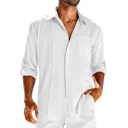 Men's casual long sleeve cotton blend shirt with polo collar, chest pocket, and lace trim detail in solid colours