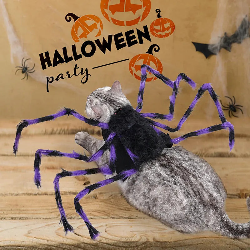 Halloween big spider pet costume for dogs and cats in grey, brown, black, or purple with adjustable sizes