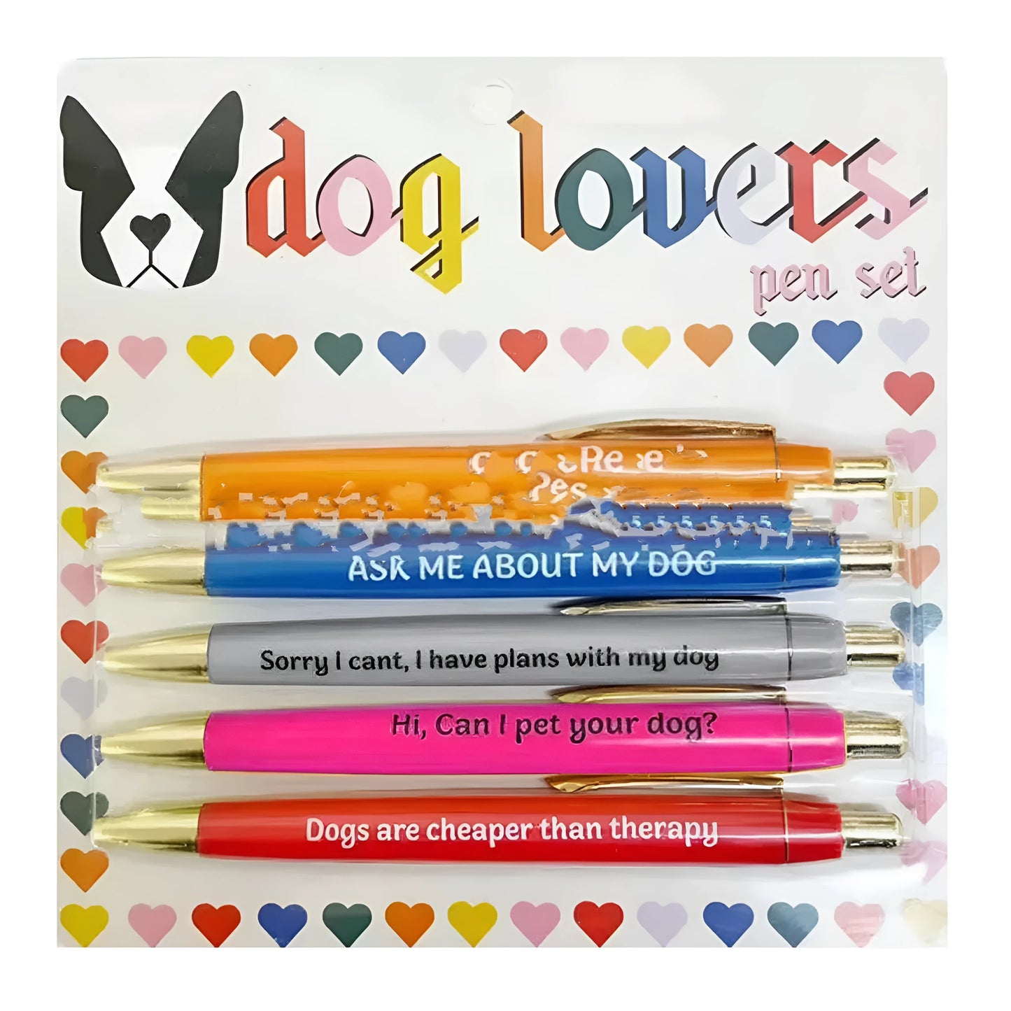 Five push action automatic pen markers with cat designs in beaded storage bag