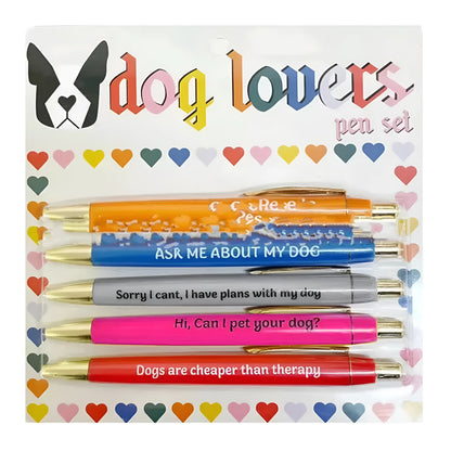 Five push action automatic pen markers with cat designs in beaded storage bag