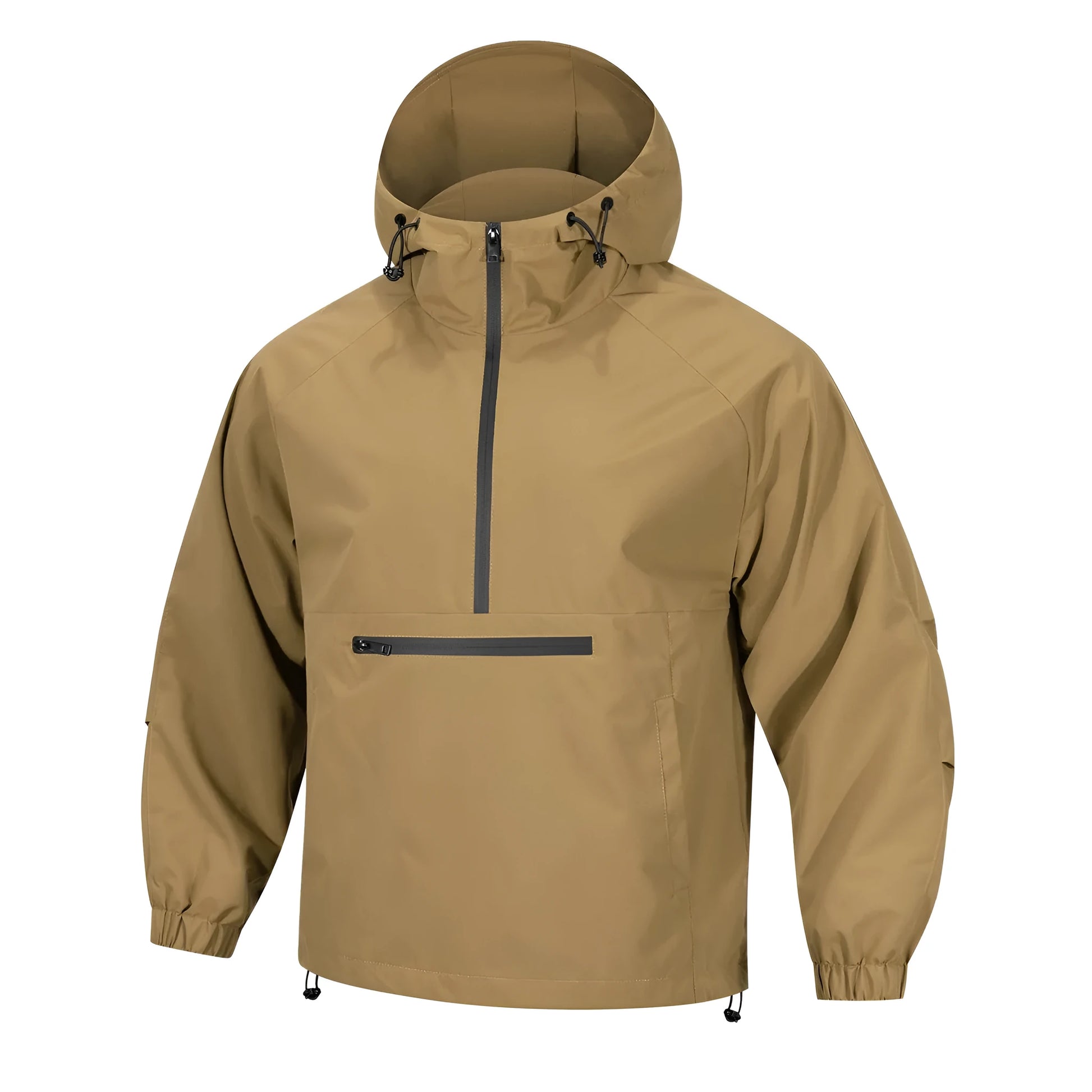 Man wearing a light grey loose-fit half-zip hooded corduroy jacket with rabbit fur.