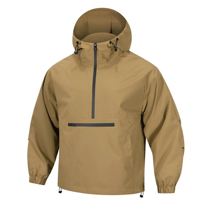 Man wearing a light grey loose-fit half-zip hooded corduroy jacket with rabbit fur.