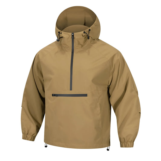 Man wearing a light grey loose-fit half-zip hooded corduroy jacket with rabbit fur.