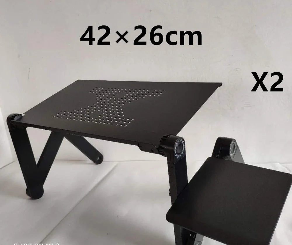 Black aluminium folding computer desk with adjustable legs and non-slip baffles for laptop stability