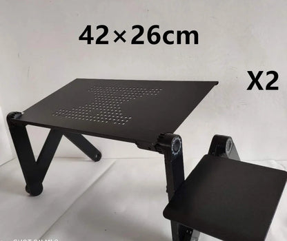 Black aluminium folding computer desk with adjustable legs and non-slip baffles for laptop stability
