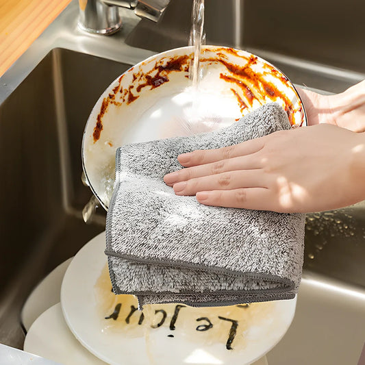 Grey plain pattern Japanese bamboo charcoal superfine fibre dish cloth for kitchen cleaning
