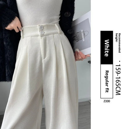 High waist wide leg suit pants in black, white, dark grey and dark coffee, straight drooping polyester trousers