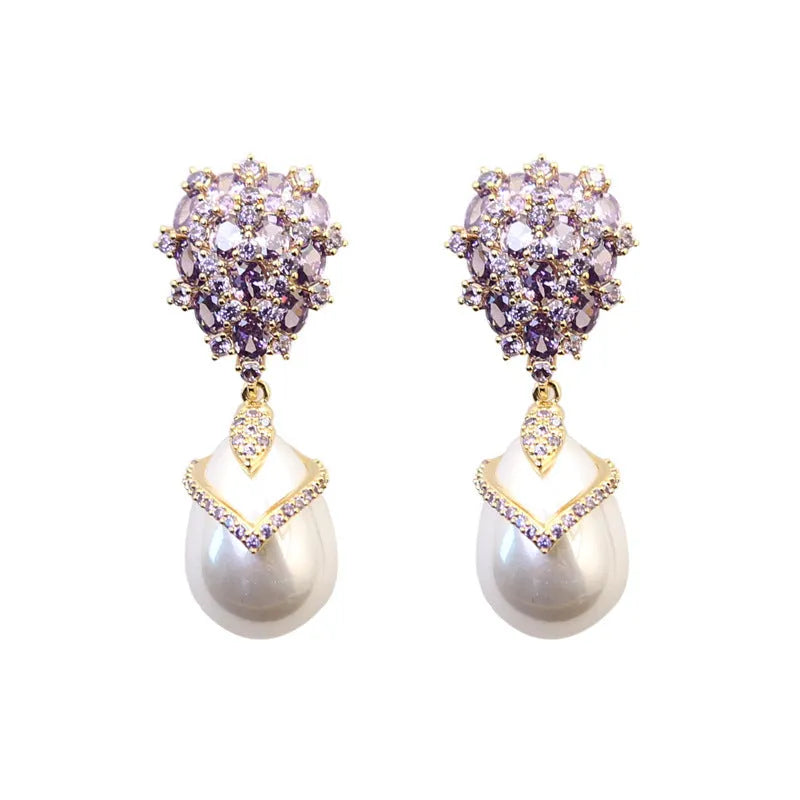Women's drop-shaped pearl earrings with 18K gold plating and zircon inlaid designs, available in three colour combinations: purple zircon with white pearl, silver white pearl, and white zircon with champagne pearl.
