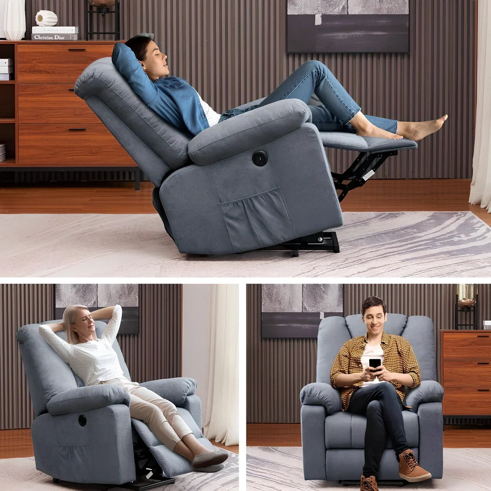 Blue single electric massage recliner with wooden frame, USB port, and 8-point vibration in reclined position