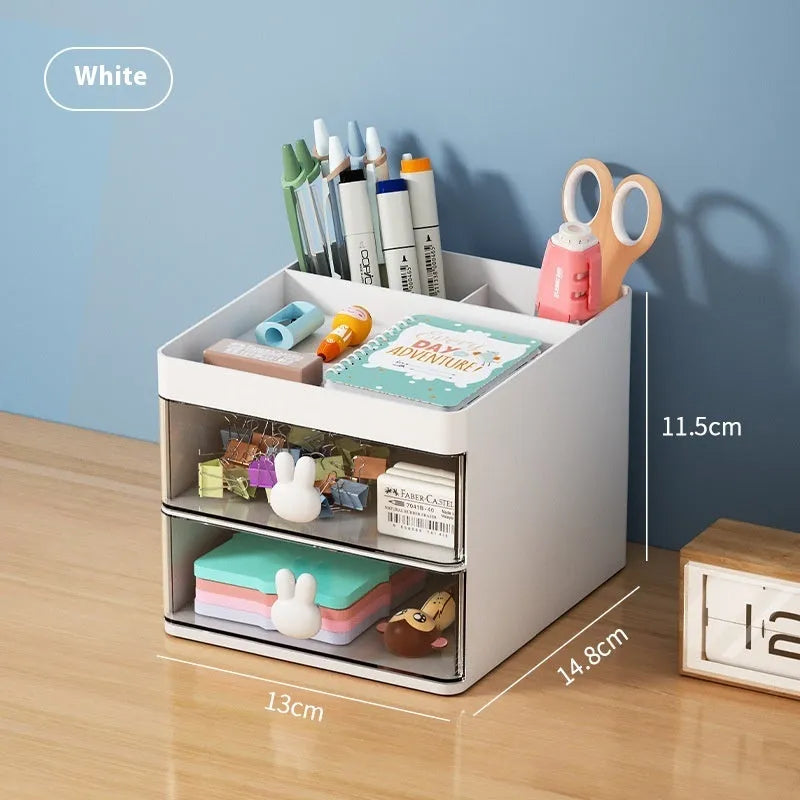 Transparent partitioned desktop storage box with drawer design for organising cosmetics and stationery