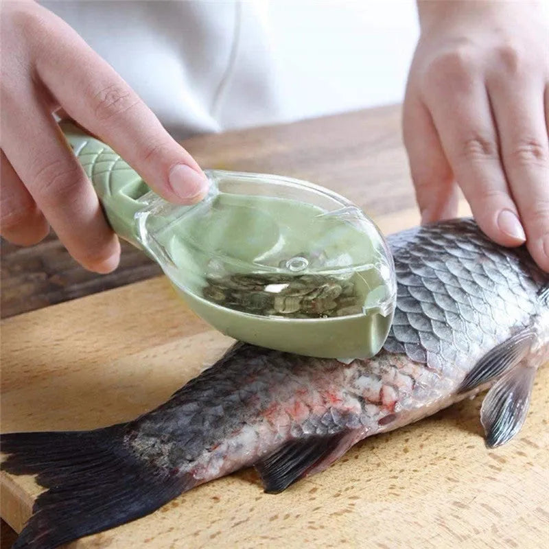 Fish scaler with fish-shaped handle and integrated scale cover for kitchen fish preparation
