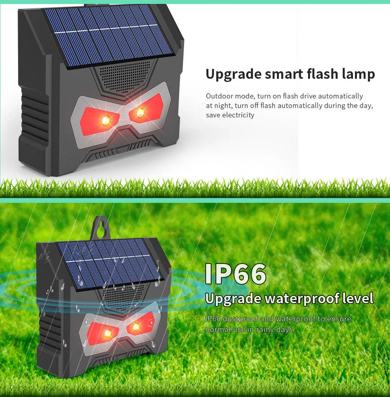 Outdoor animal repeller solar-powered ultrasonic pest control device with 9-36KHz variable frequency and 5W rated power, featuring black colour animal design for garden or patio use, includes USB/DC charging cable