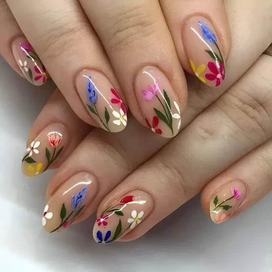 Almond-shaped removable nail art with floral rose and tulip patterns in European American style