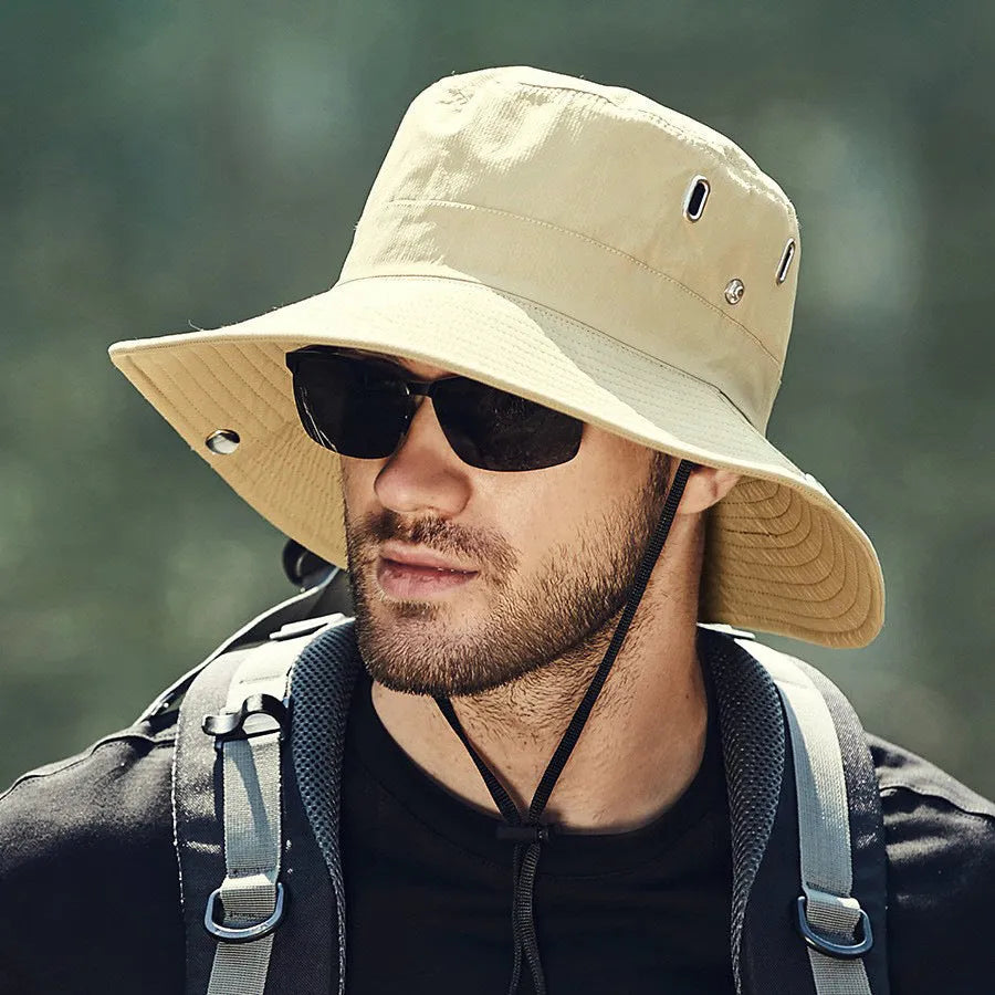Men's wide brim polyester sunshade hat with dome crown, 58-60cm adult free size, in black, khaki, dark grey, army green or navy blue.