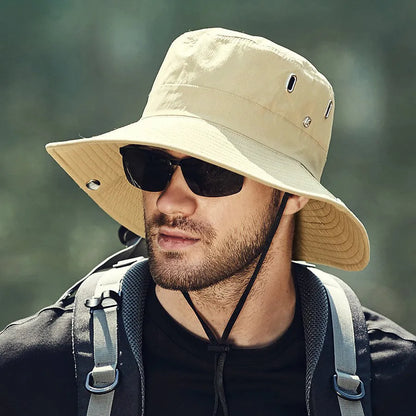 Men's wide brim polyester sunshade hat with dome crown, 58-60cm adult free size, in black, khaki, dark grey, army green or navy blue.