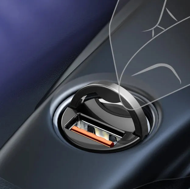 Baseus grey mini car charger with 1-metre cable plugged into vehicle 12V socket