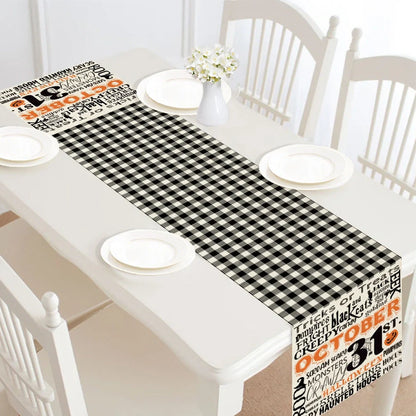 Halloween table runner with digital printed designs measuring 30cm by 182cm on polyester linen material