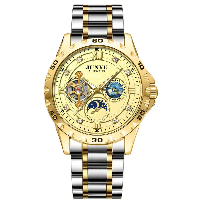 Men's automatic mechanical watch with luminous hands on starry sky dial in rose gold case