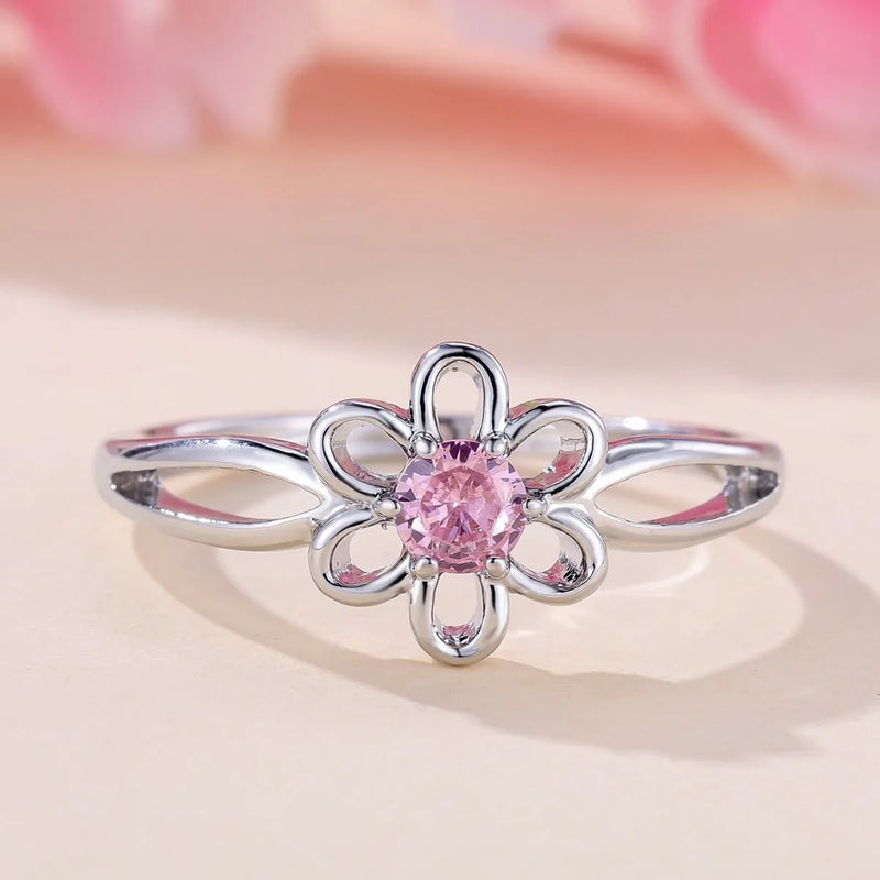 Women's Fashion Ring Hollow Flower Design Copper Plated Adjustable Ring Sizes 5 to 13 Platinum Pink Diamond Colour White Gold Powder Finish Simple Stackable Band