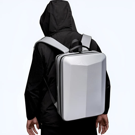 Black waterproof business backpack with structured ABS PC frame and curved shoulder straps