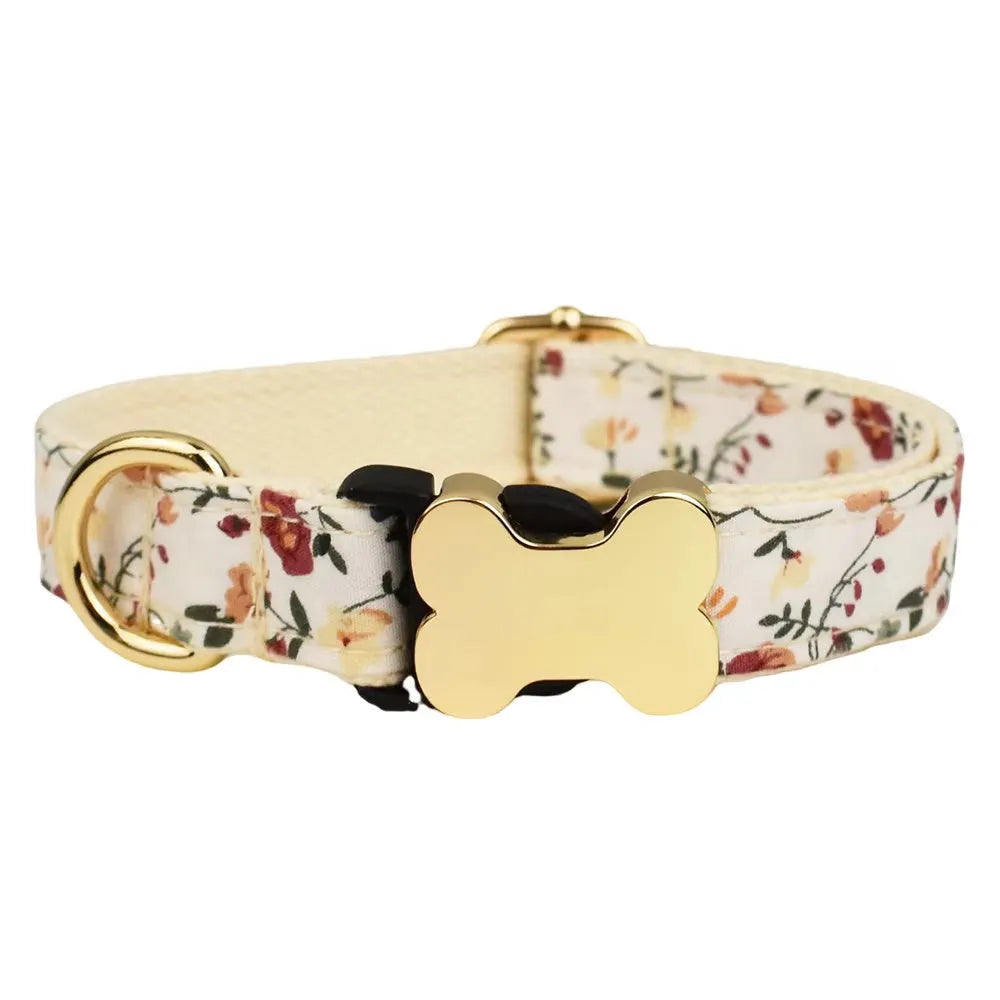 Flat nylon dog collar with bone buckle in a printed grid pattern, shown in multiple colour options.