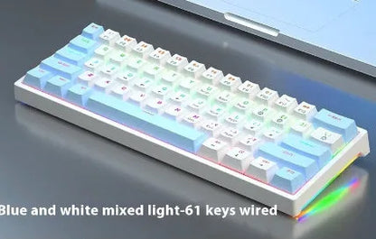 Small white 61-key mechanical keyboard with hot-swappable sockets and a black USB cable.