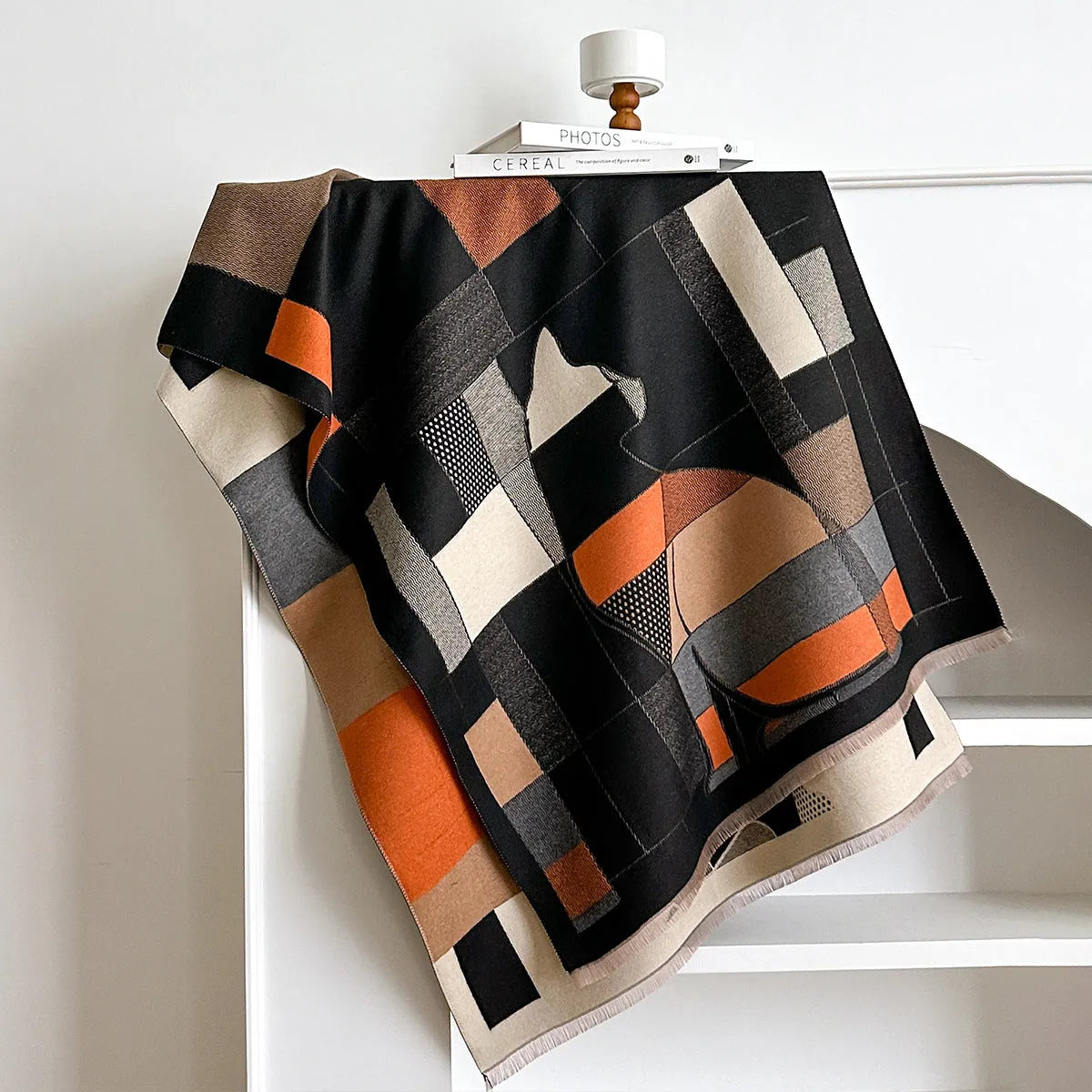 Imitation cashmere scarf in European American style showing 185x65cm dimensions and available colour options