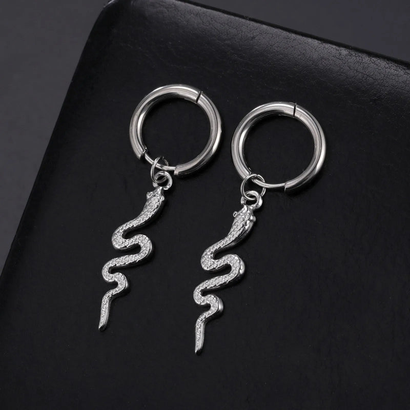 Stainless steel earrings with 18K gold plating in a vintage snake design, featuring a sculptural snake-shaped animal modelling zodiac theme and ear clip back for a secure fit.