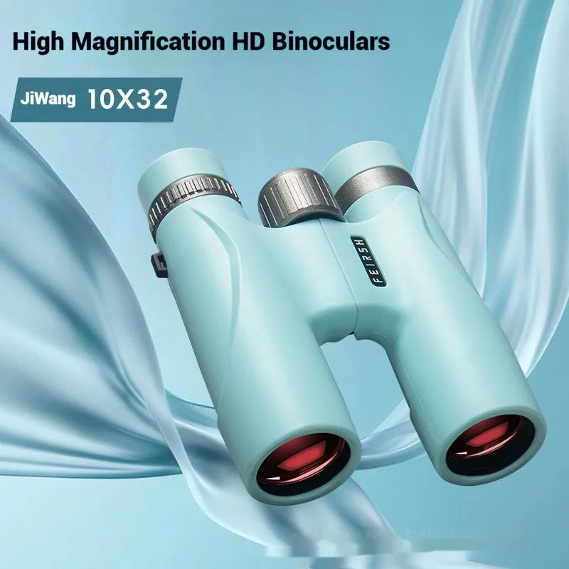 Blue 10x32 binoculars with wine red film imaging showing compact plastic construction