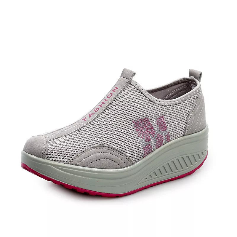 Women's Casual Mesh Platform Sneakers with Wedge Heel in black, red, and gray