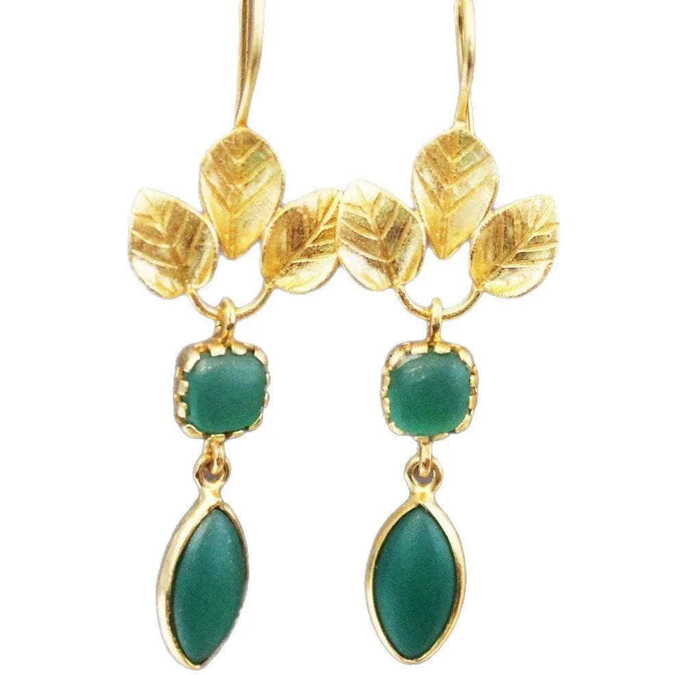 Gold-coloured copper drop earrings with water droplet shape, French leaves pattern, and zircon accents on retro design