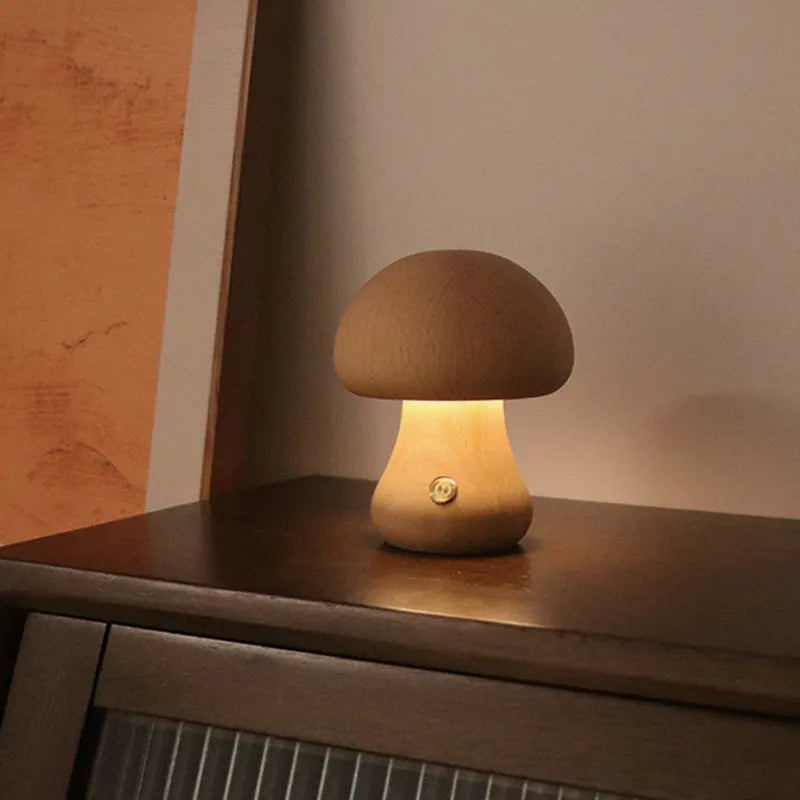 Wooden mushroom LED night light with touch switch, 165 x 100mm, in beech or walnut colour for bedside table use